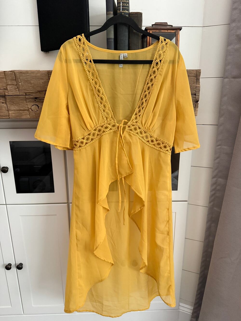 Feathers Mustard Sheer Chiffon Kimono Crochet Trim Tie Front Size XL Boho